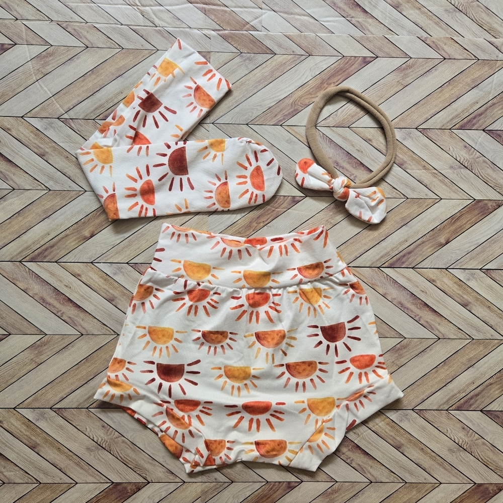 Baby Girl Sun Print Bummies Set High Waisted Short Headband Boho Sunshine  9-12M